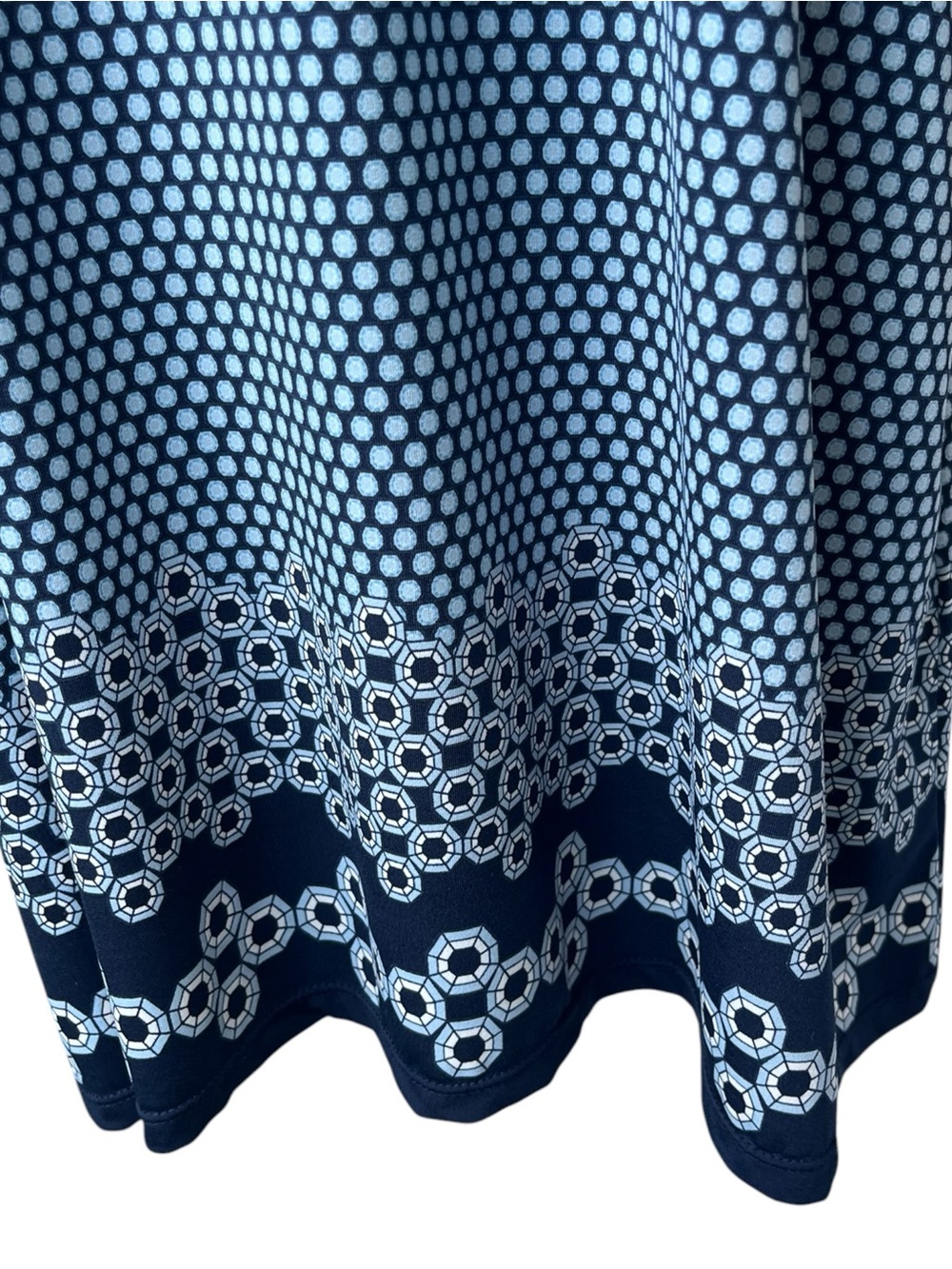 Max Studio Blue White Geometric Shift Dress XL 3/4 Bell Sleeve Stretch Knit - Picture 5 of 9